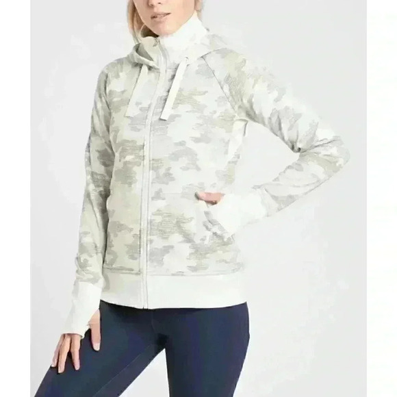 Athleta Jacket Women’s Medium Gray Camo Triumph Printed Hoodie Gypsum Full Zip - Picture 1 of 9